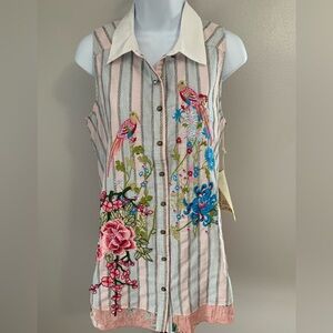 NWT Aratta Pink Stripe Embroidered Floral & Parrot Tunic